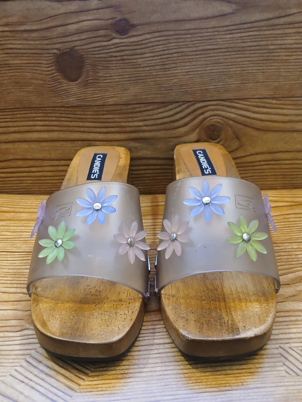 Candie's Clear Platform  with Wood-Tone Wedge Slip-on Women's Sandal.